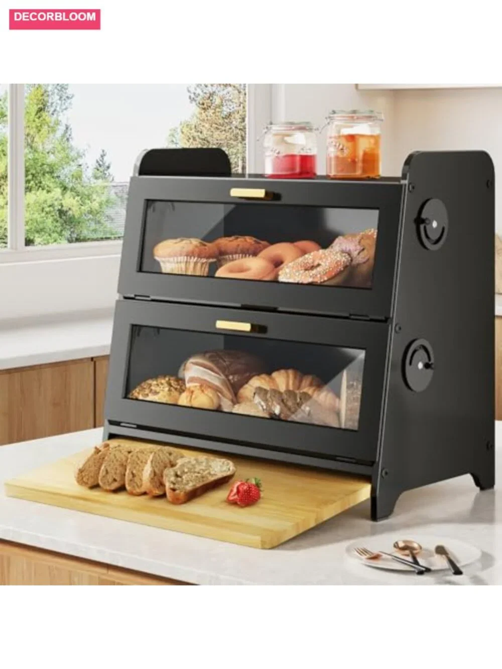 2 Tier Bread Box with Adjustable Ventilation, Bamboo Cutting Board